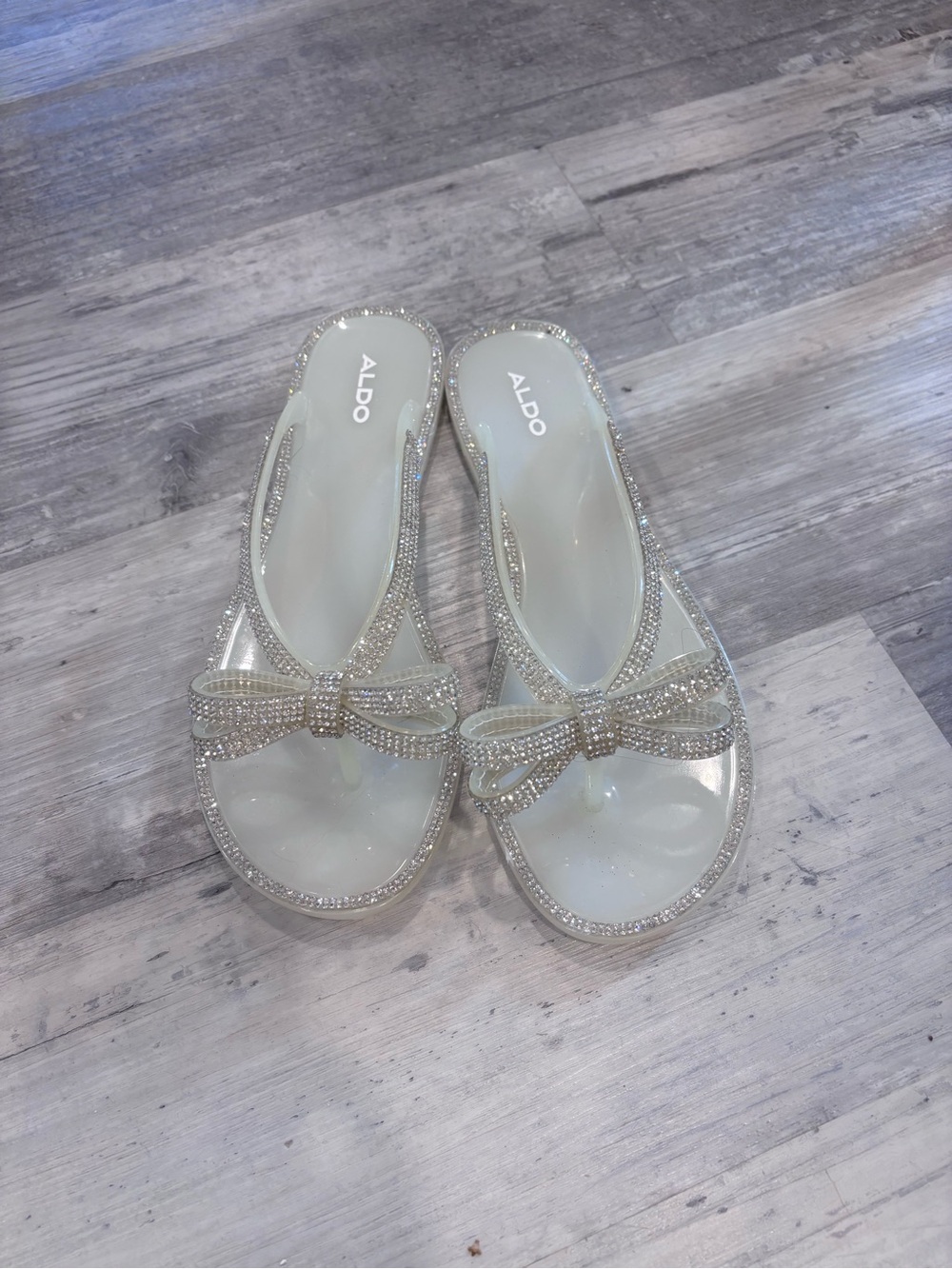 ALDO Clear Jelly Slide Sandals with Crystal Bow - Silver Tone